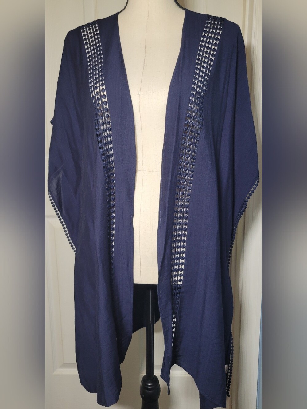 NWT Ann Taylor  Navy Blue Kimono Cardigan Crochet Trim Open Front Cover Up XS/S